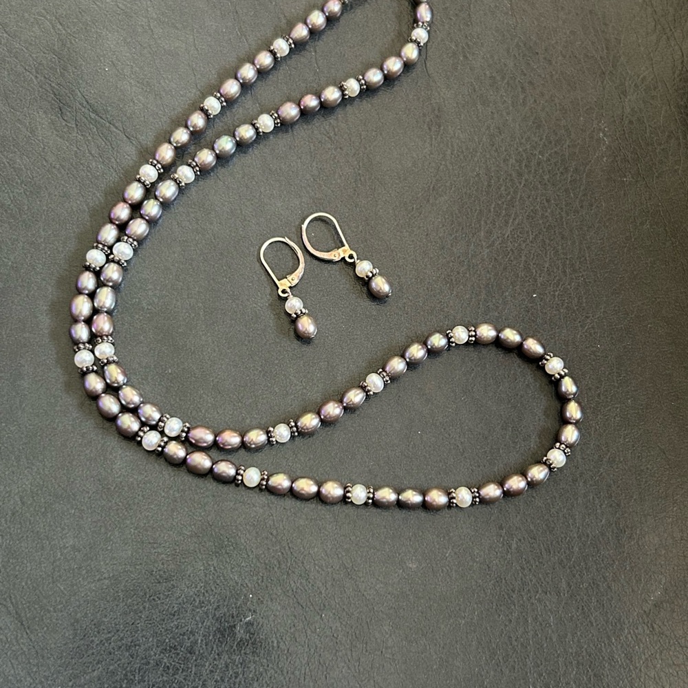 Gorgeous RARE Unique Sterling Silver Beaded Necklace & Pierced Earring Set